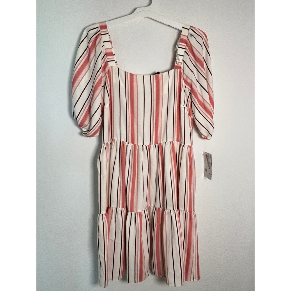 Maison Tara Pink Striped Puff Sleeve Tiered Fit & Flare Dress Size 12 NWT